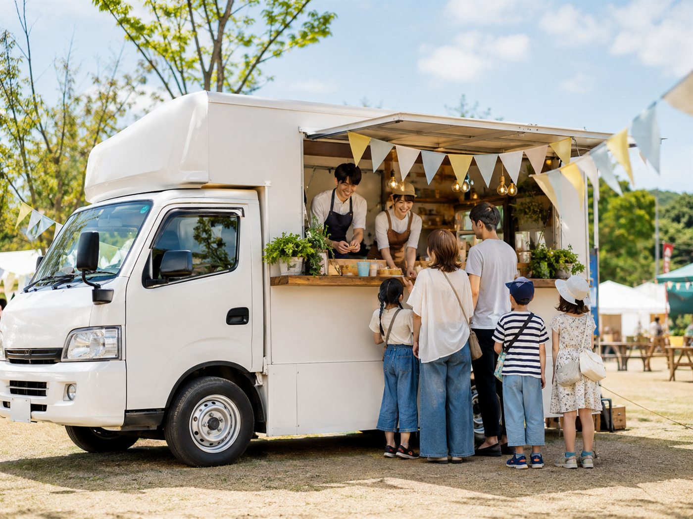 キッチンカーに家族が並ぶイメージ